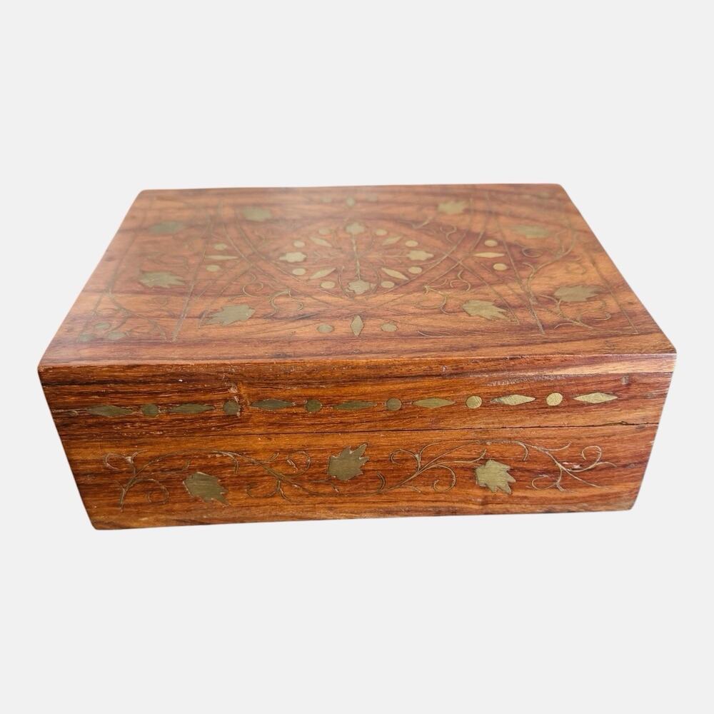 Vintage Wood Inlay Of Brass Vine Jewellery Box Red Velvet Inside Hand Crafted